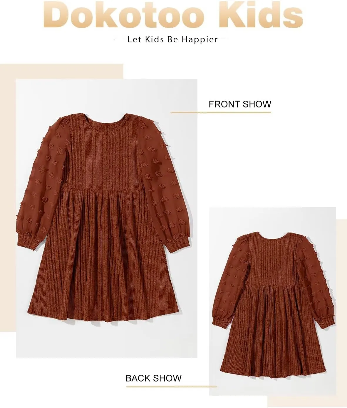 Girls Fall Long Sleeve Knit Dresses Casual Crewneck Swiss Dot A-line Dress 6-15 Years