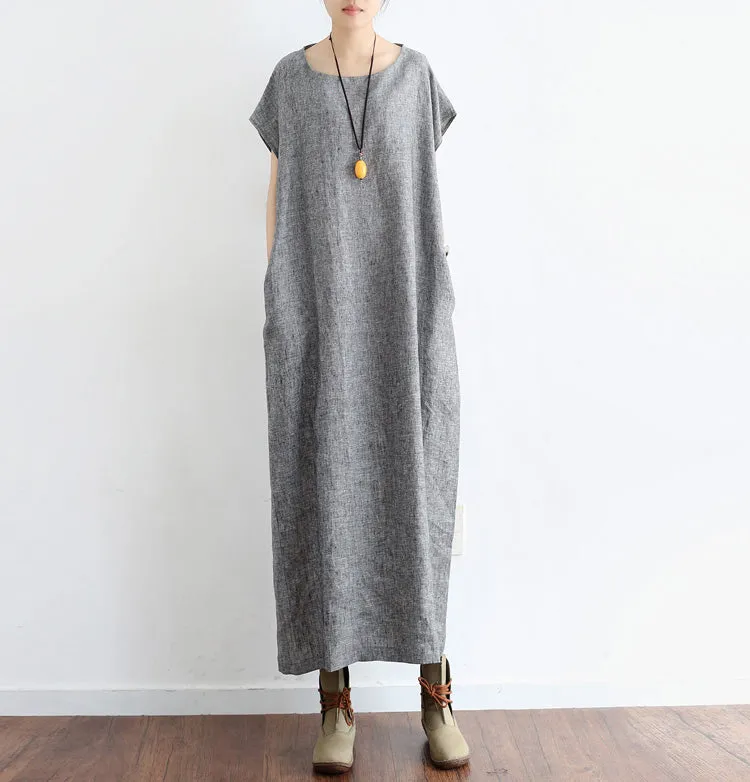 Gray Linen  Cotton  Women Loose Fitting Short Sleeves Dresses Summer Casual Women Dresses AMT96213