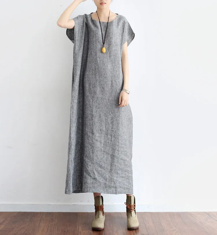 Gray Linen  Cotton  Women Loose Fitting Short Sleeves Dresses Summer Casual Women Dresses AMT96213