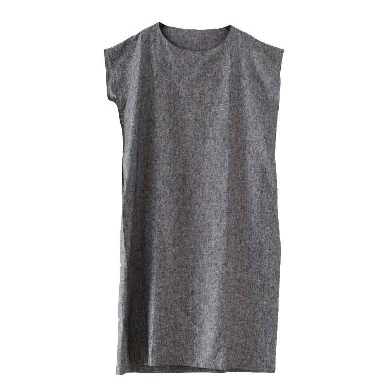 Gray Linen  Cotton  Women Loose Fitting Short Sleeves Dresses Summer Casual Women Dresses AMT96213