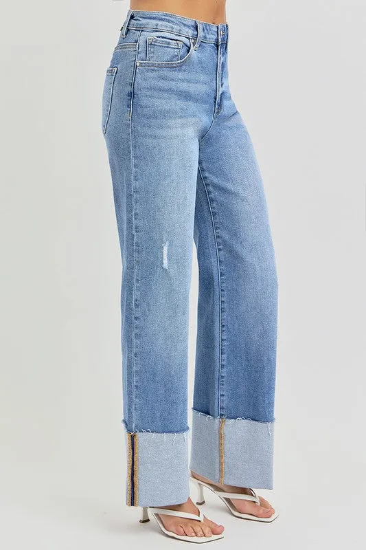 High Rise-Ankle Wide-Cuffed Jeans