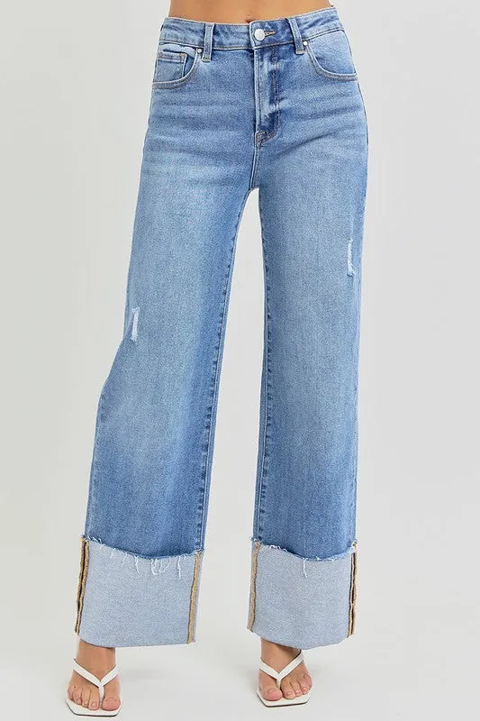High Rise-Ankle Wide-Cuffed Jeans