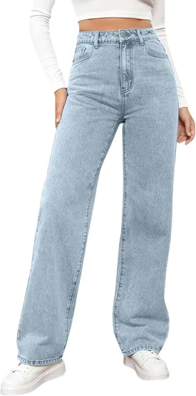 High Waisted Jeans for Women Straight Leg Denim Pants Wide Leg Jeans High Rise Baggy Pants with Pockets Streetwear
