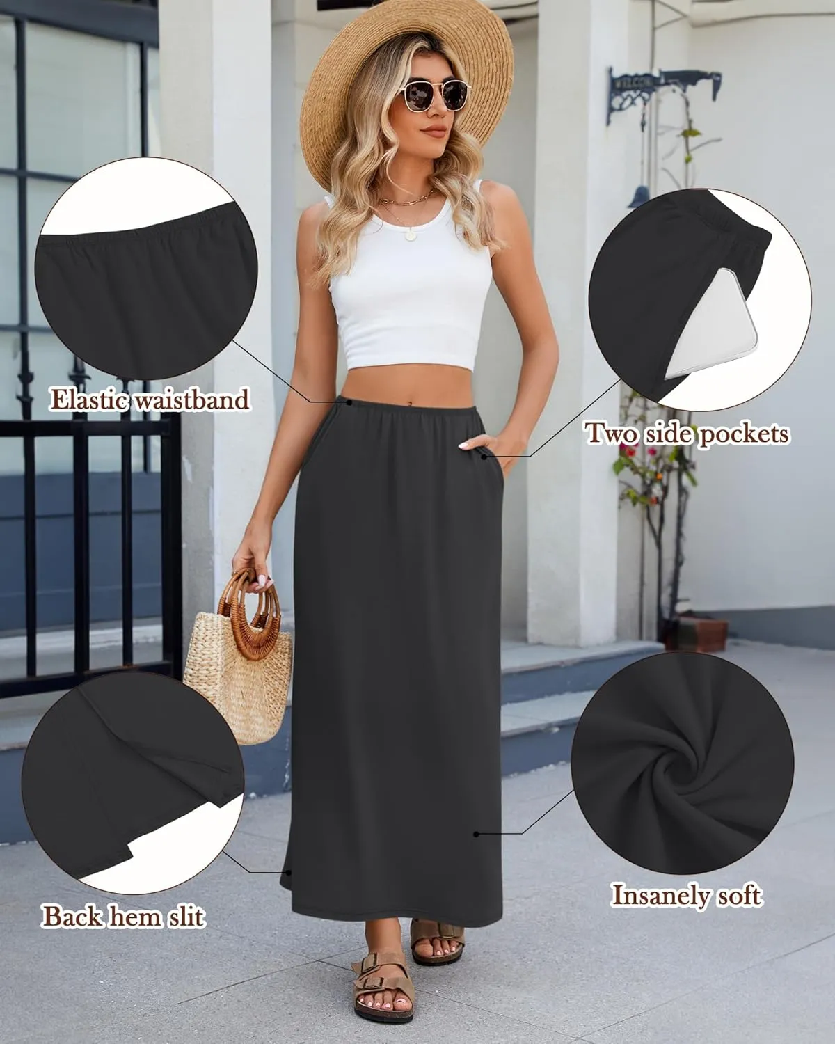 Huukeay 3 Pack Long Maxi Skirts for Women, Back Slit Ankle Length Casual Skirts Elastic Waist Soft Pencil Skirts with Pockets