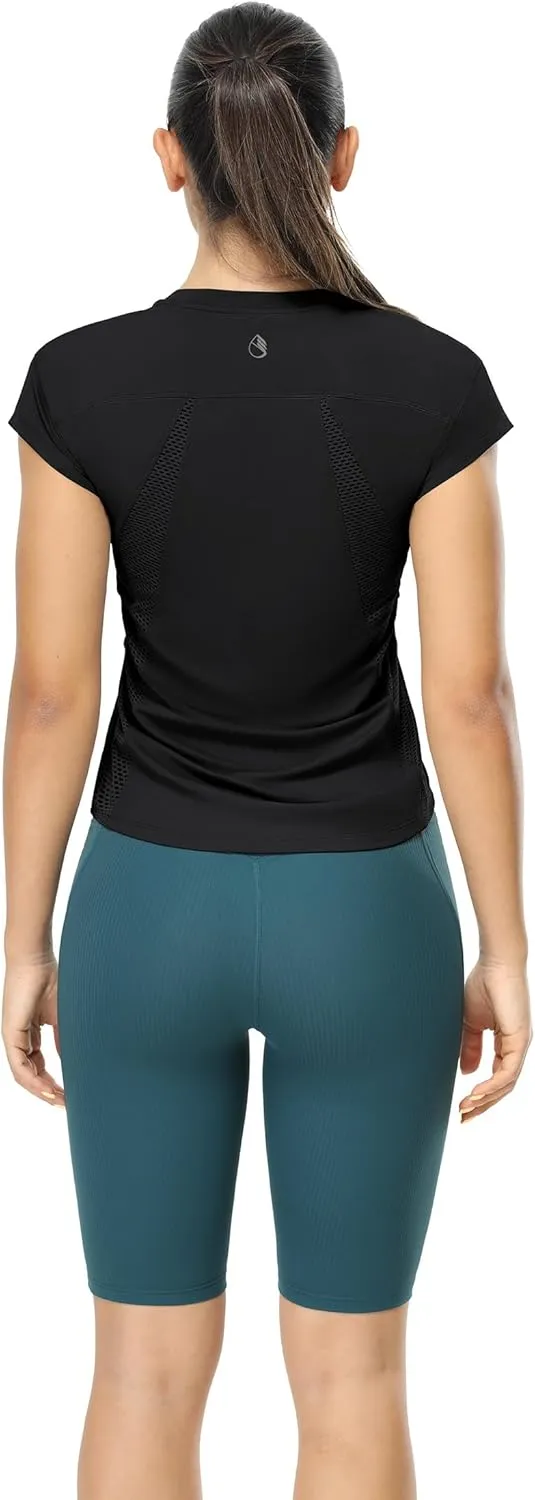 icyzone Women's Crewneck Workout T Shirts Quick Dry Athletic Cap Sleeve Fitness Gym Running Yoga Tee Tops