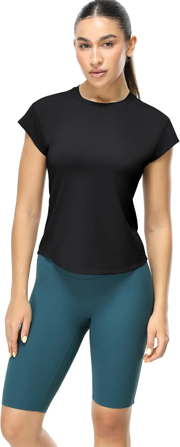 icyzone Women's Crewneck Workout T Shirts Quick Dry Athletic Cap Sleeve Fitness Gym Running Yoga Tee Tops