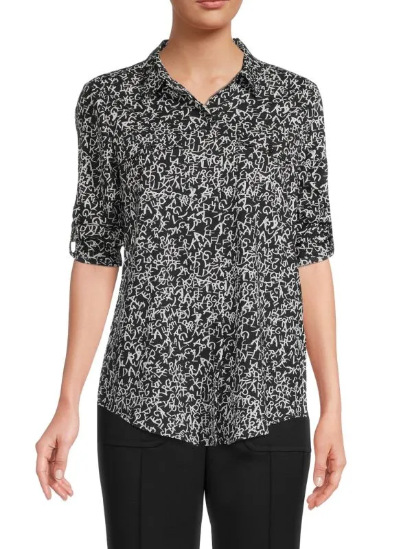 Karl Lagerfeld Paris Printed Button-Up Shirt, Black/White