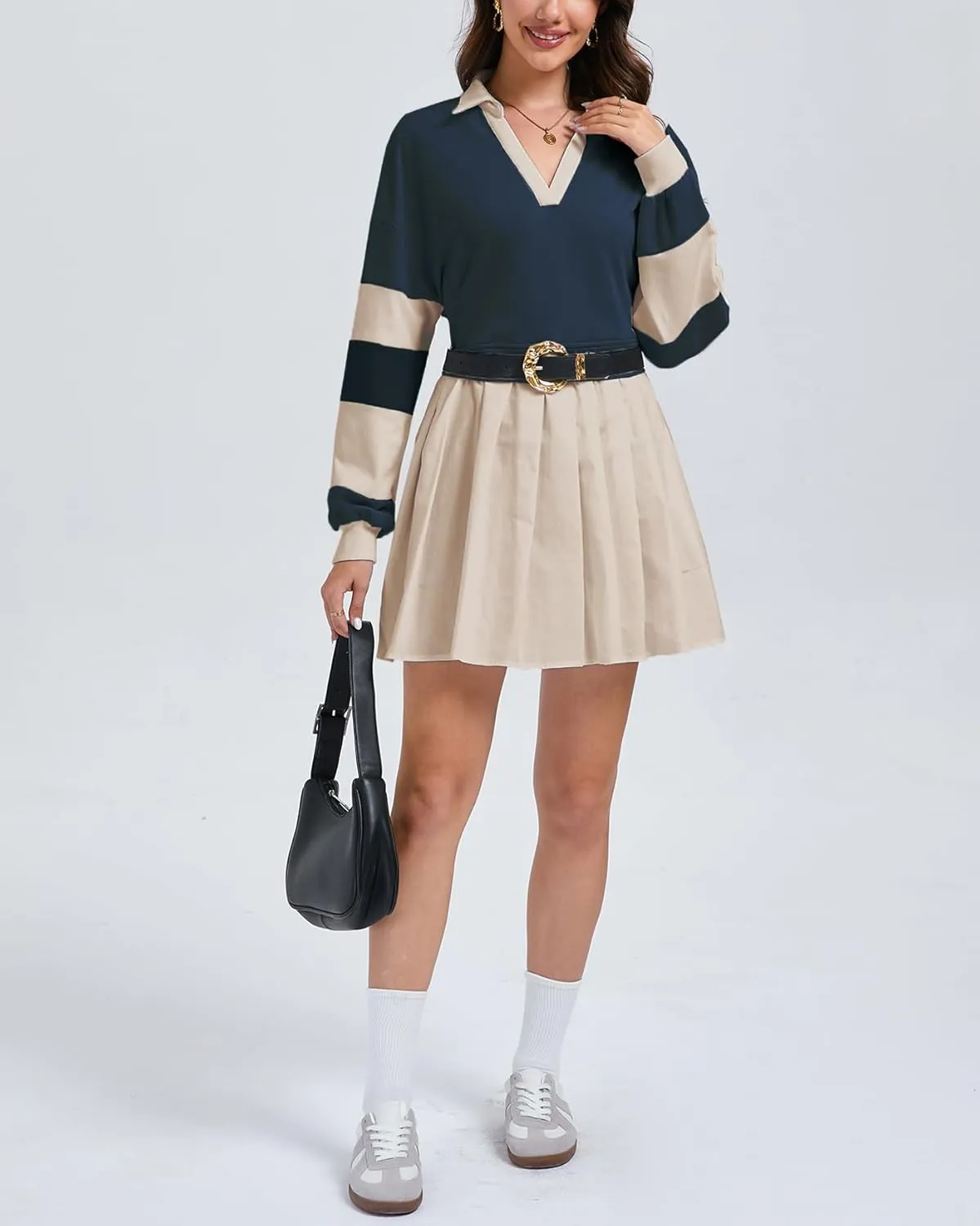 Kedera Women's Oversized Sweatshirt Dress Fall Long Sleeve V Neck Patchwork Pullover Loose Pleated Mini Dresses 2025