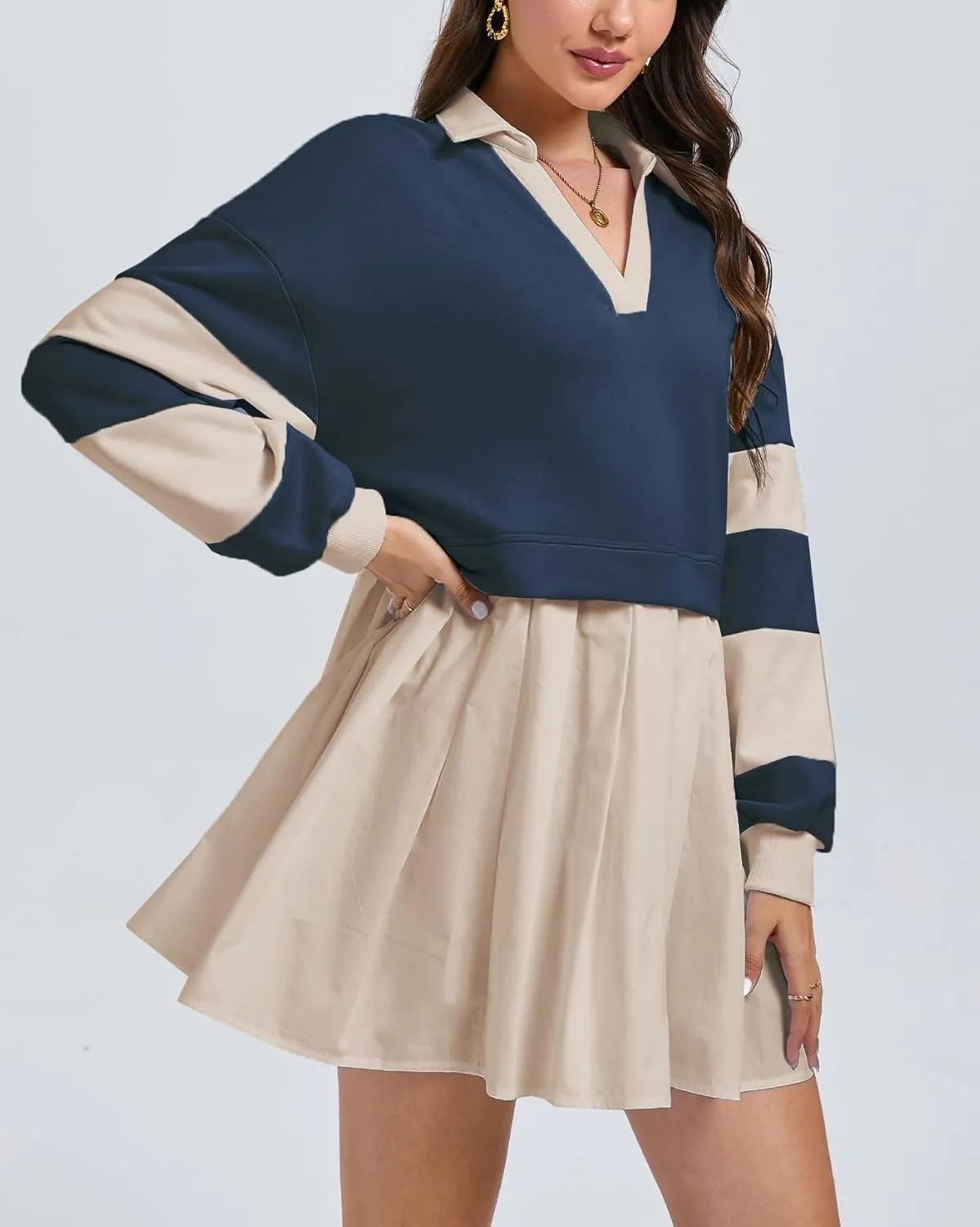 Kedera Women's Oversized Sweatshirt Dress Fall Long Sleeve V Neck Patchwork Pullover Loose Pleated Mini Dresses 2025