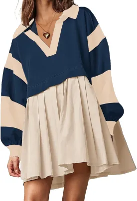 Kedera Women's Oversized Sweatshirt Dress Fall Long Sleeve V Neck Patchwork Pullover Loose Pleated Mini Dresses 2025