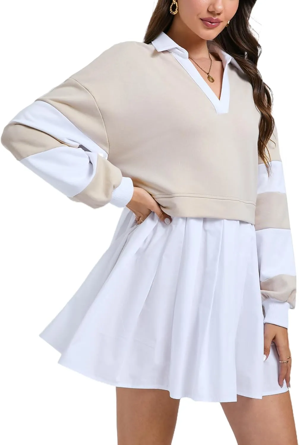 Kedera Women's Oversized Sweatshirt Dress Fall Long Sleeve V Neck Patchwork Pullover Loose Pleated Mini Dresses 2025