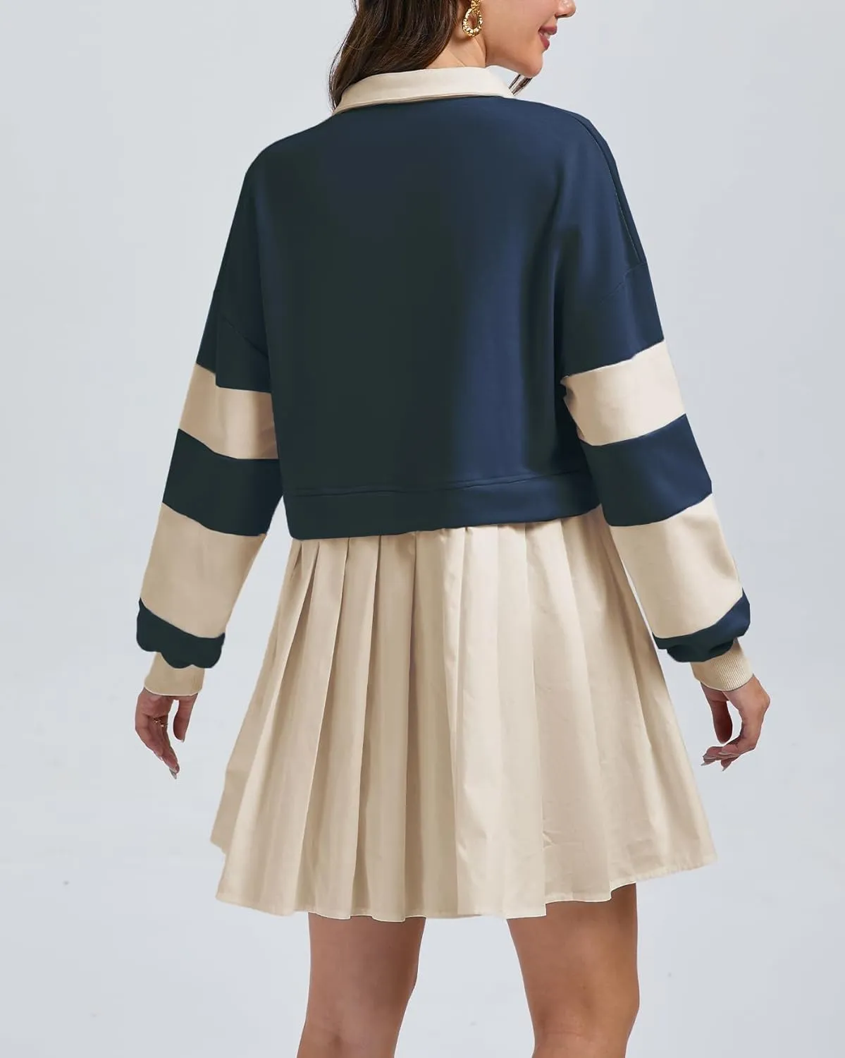 Kedera Women's Oversized Sweatshirt Dress Fall Long Sleeve V Neck Patchwork Pullover Loose Pleated Mini Dresses 2025
