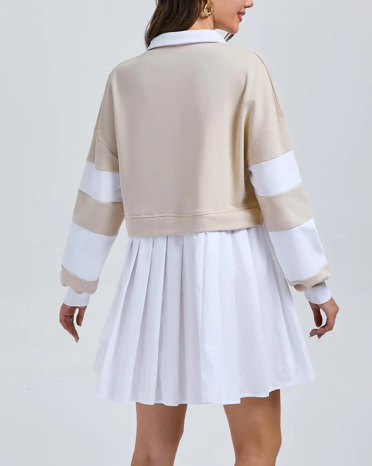Kedera Women's Oversized Sweatshirt Dress Fall Long Sleeve V Neck Patchwork Pullover Loose Pleated Mini Dresses 2025