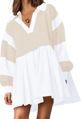 Kedera Women's Oversized Sweatshirt Dress Fall Long Sleeve V Neck Patchwork Pullover Loose Pleated Mini Dresses 2025