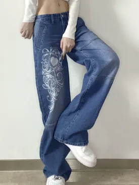 KittenAlarm - New Printed Baggy Y2K Jeans Women's Low Waist jeans Autumn Winter Oversize Wide Leg Baggy Pants Casual Cargo Trousers