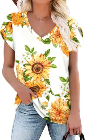 KUOTAI Womens Tops Summer Casual T Shirts V Neck Petal Sleeve Blouses Shirts