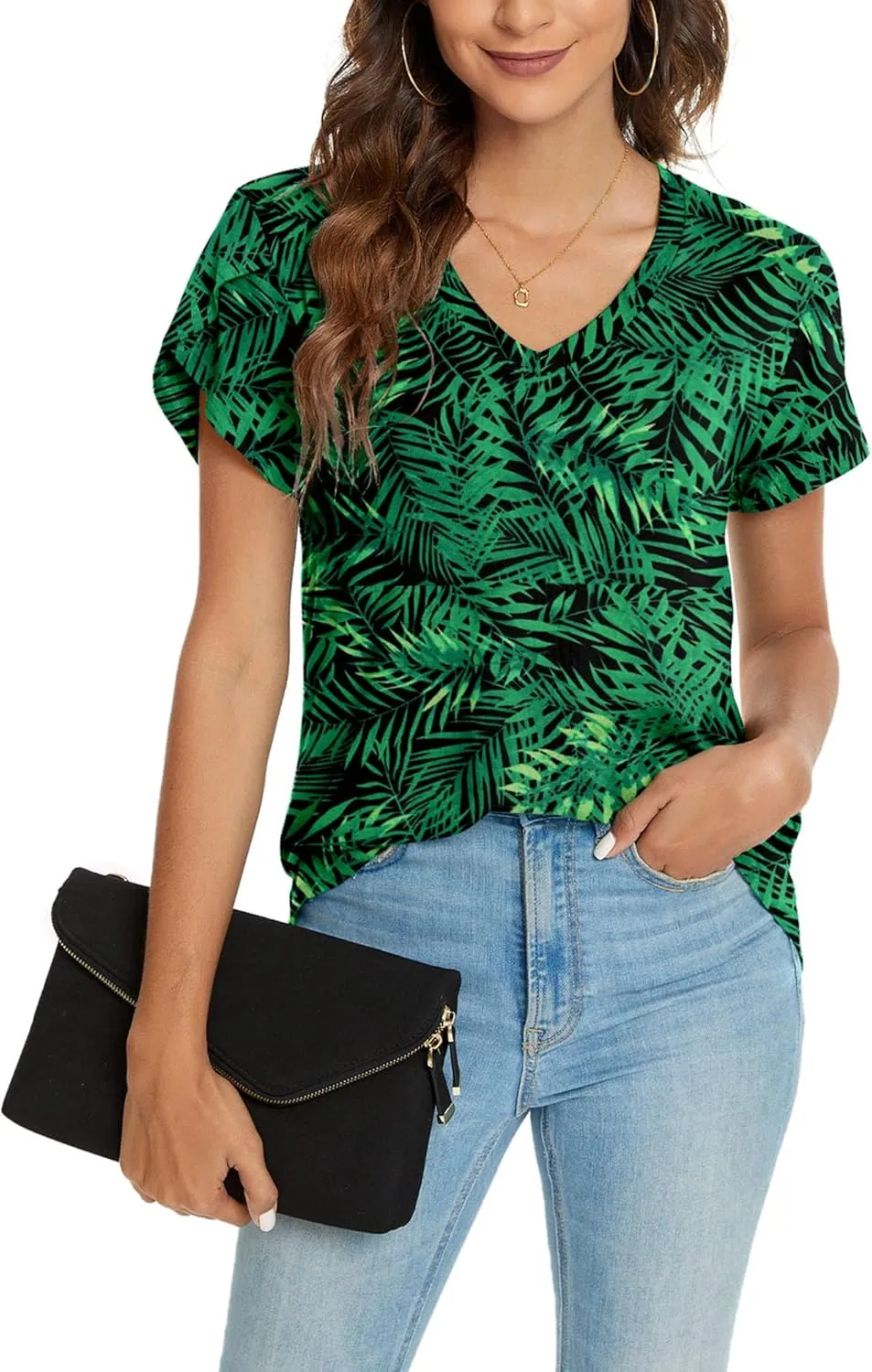 KUOTAI Womens Tops Summer Casual T Shirts V Neck Petal Sleeve Blouses Shirts
