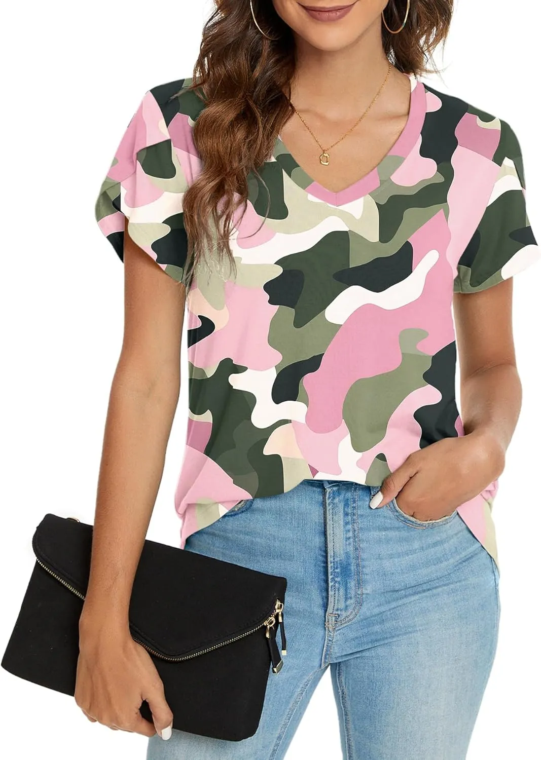 KUOTAI Womens Tops Summer Casual T Shirts V Neck Petal Sleeve Blouses Shirts
