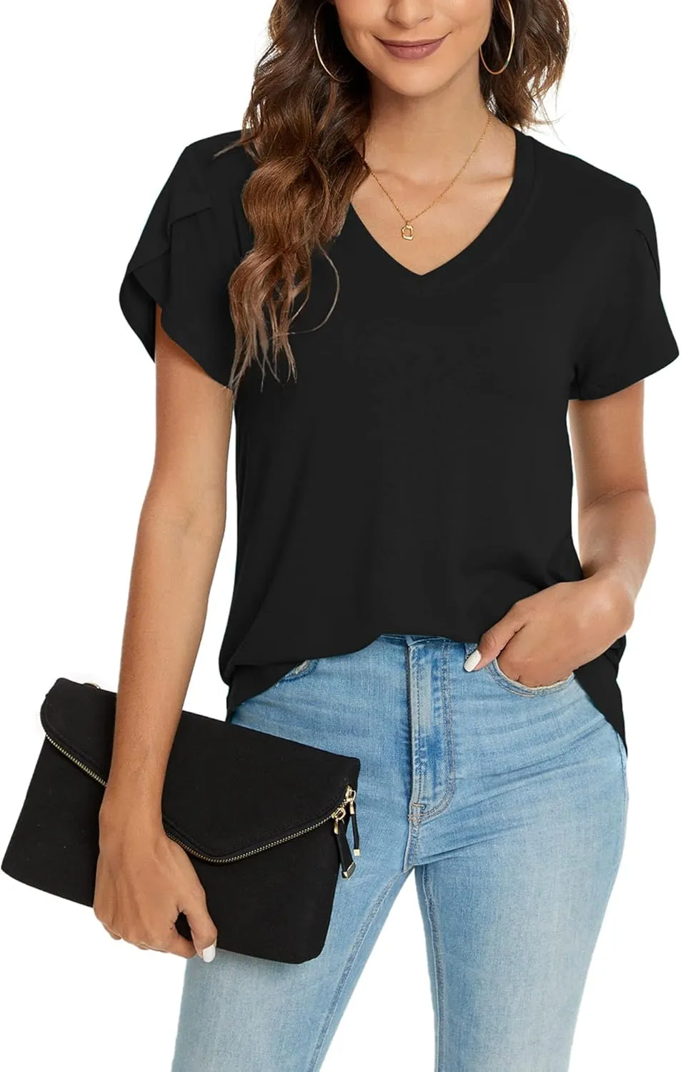 KUOTAI Womens Tops Summer Casual T Shirts V Neck Petal Sleeve Blouses Shirts