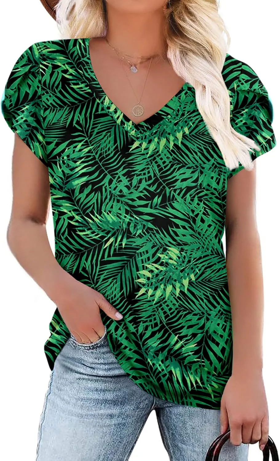 KUOTAI Womens Tops Summer Casual T Shirts V Neck Petal Sleeve Blouses Shirts