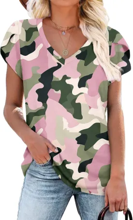 KUOTAI Womens Tops Summer Casual T Shirts V Neck Petal Sleeve Blouses Shirts