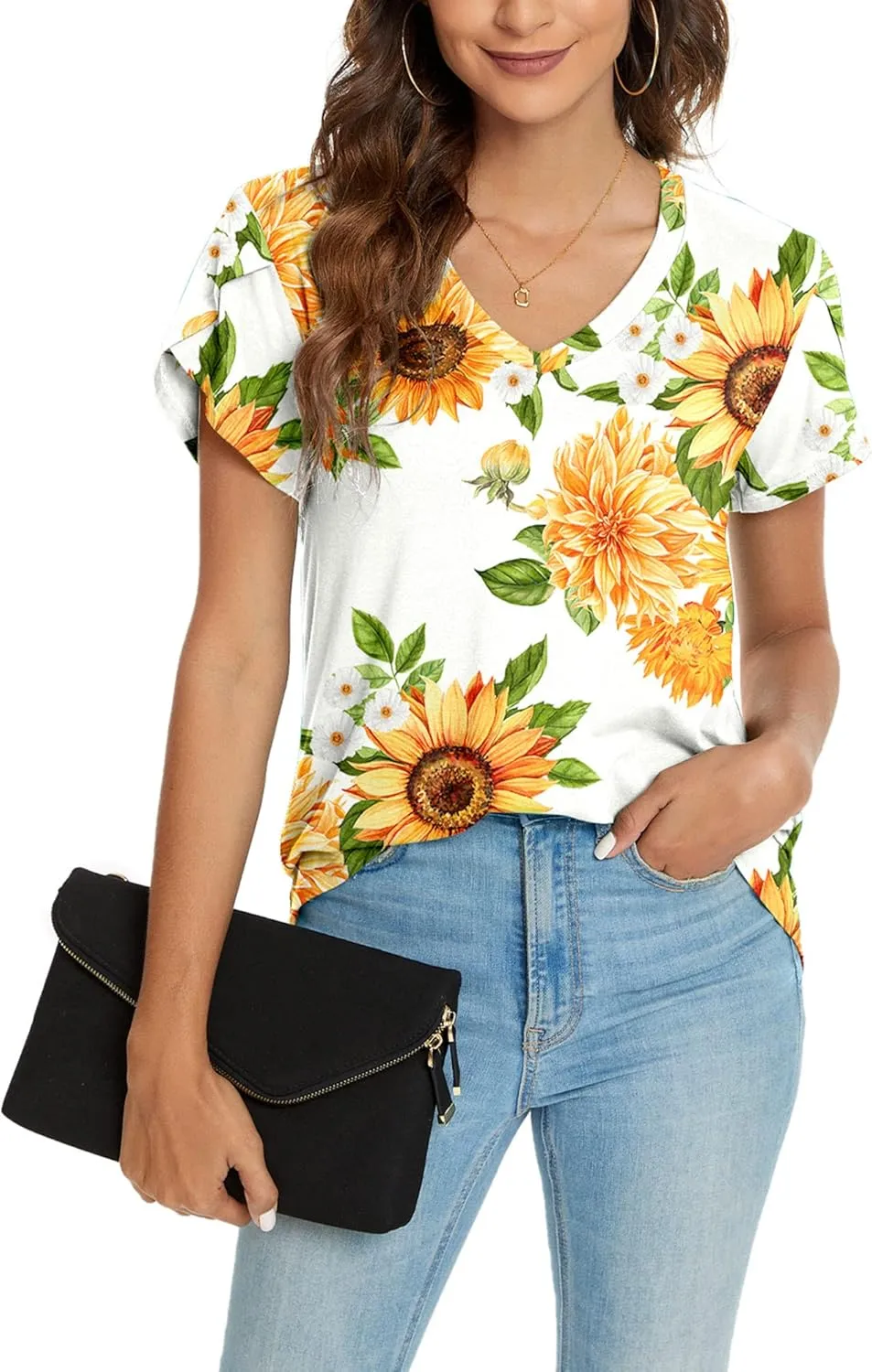 KUOTAI Womens Tops Summer Casual T Shirts V Neck Petal Sleeve Blouses Shirts