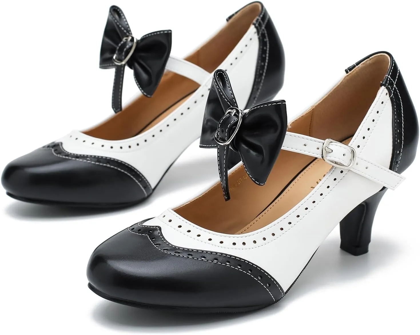 LIURUIJIA Women's Low Kitten Heel Mary Jane Oxfords Pumps Comfortable Ankle Strap Dress Shoes with Bow