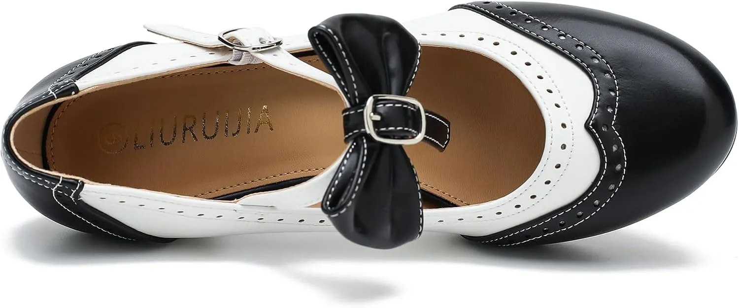 LIURUIJIA Women's Low Kitten Heel Mary Jane Oxfords Pumps Comfortable Ankle Strap Dress Shoes with Bow
