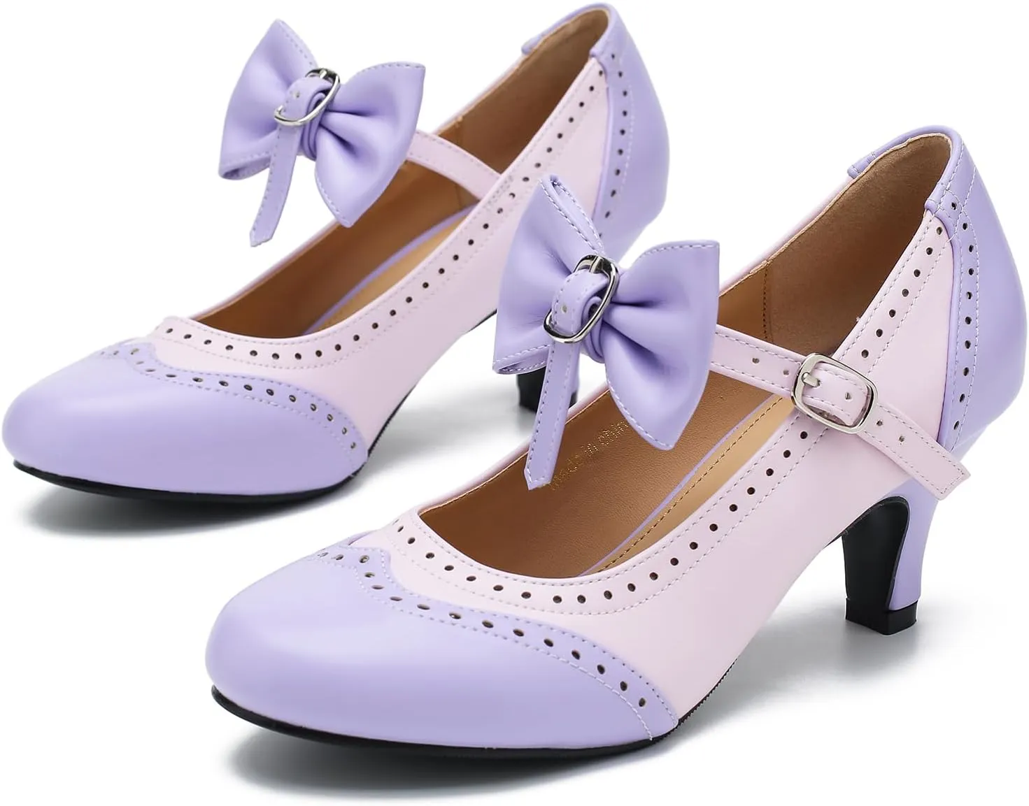 LIURUIJIA Women's Low Kitten Heel Mary Jane Oxfords Pumps Comfortable Ankle Strap Dress Shoes with Bow