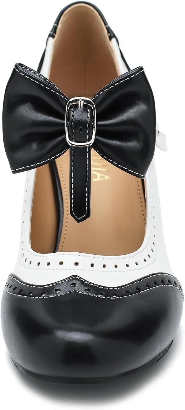 LIURUIJIA Women's Low Kitten Heel Mary Jane Oxfords Pumps Comfortable Ankle Strap Dress Shoes with Bow