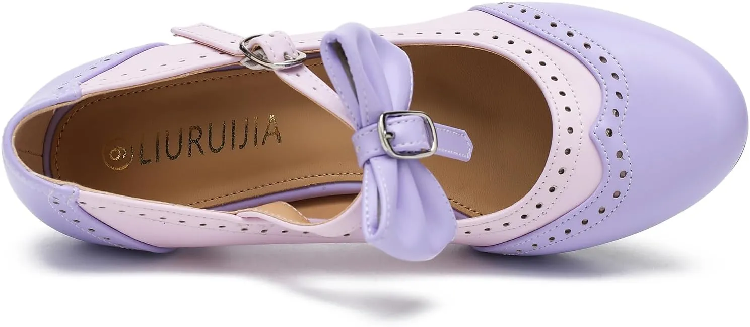 LIURUIJIA Women's Low Kitten Heel Mary Jane Oxfords Pumps Comfortable Ankle Strap Dress Shoes with Bow