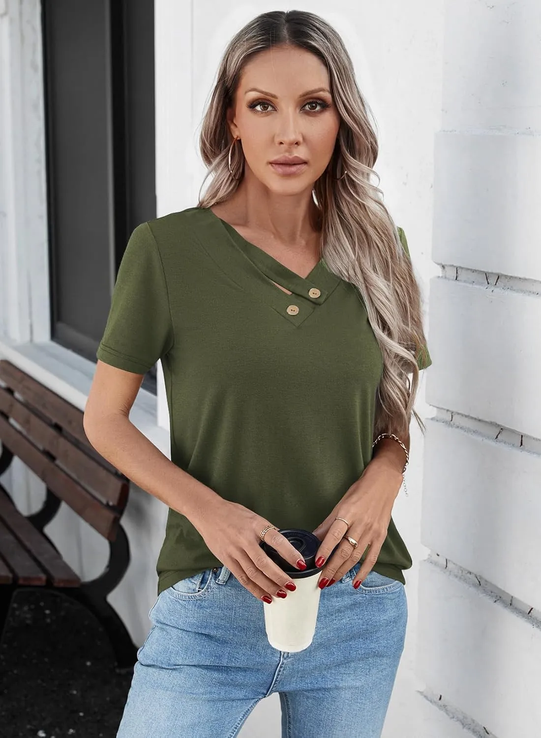 LOLONG Womens Short Sleeve V Neck T Shirts Summer 2025 Casual Basic Work Tops