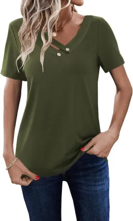 LOLONG Womens Short Sleeve V Neck T Shirts Summer 2025 Casual Basic Work Tops
