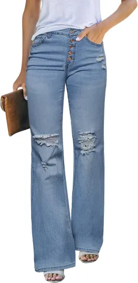 LookbookStore High Waisted Ripped Flare Jeans for Women Distressed Bell Bottom Jeans Wide Leg Pants