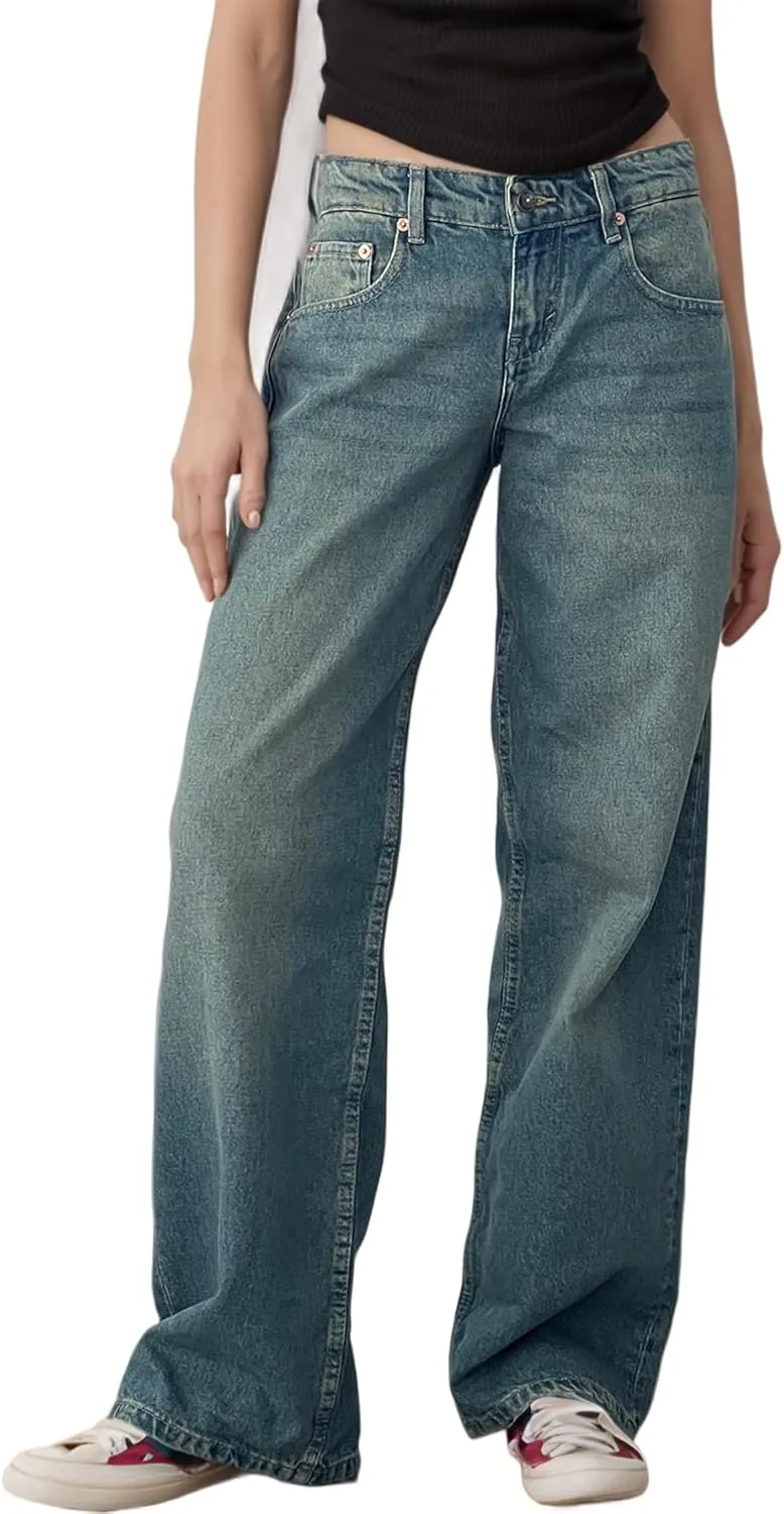 Low Rise Baggy Jeans for Women Y2K Low Waisted Straight Leg Trendy Bootcut Jeans Teen Girls Casual Loose Fit Boyfriend Jeans