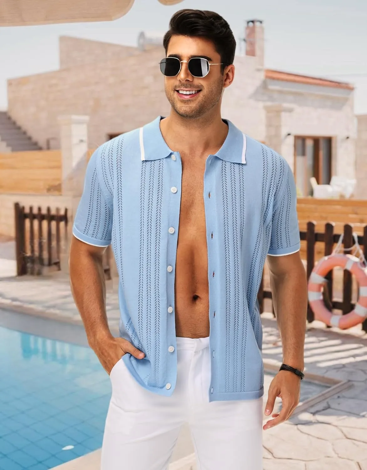 MAPICK Men's Button Down Polo Shirt Casual Short Sleeve Knit Shirt Summer Vacation Beach Clothes