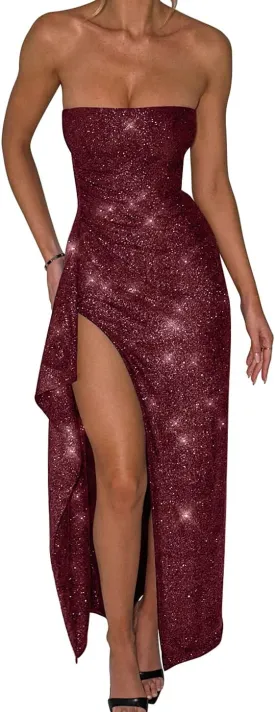 Memoriesea Women's Sexy Tube Bodycon Ruched Strapless High Split Party Maxi Dresses