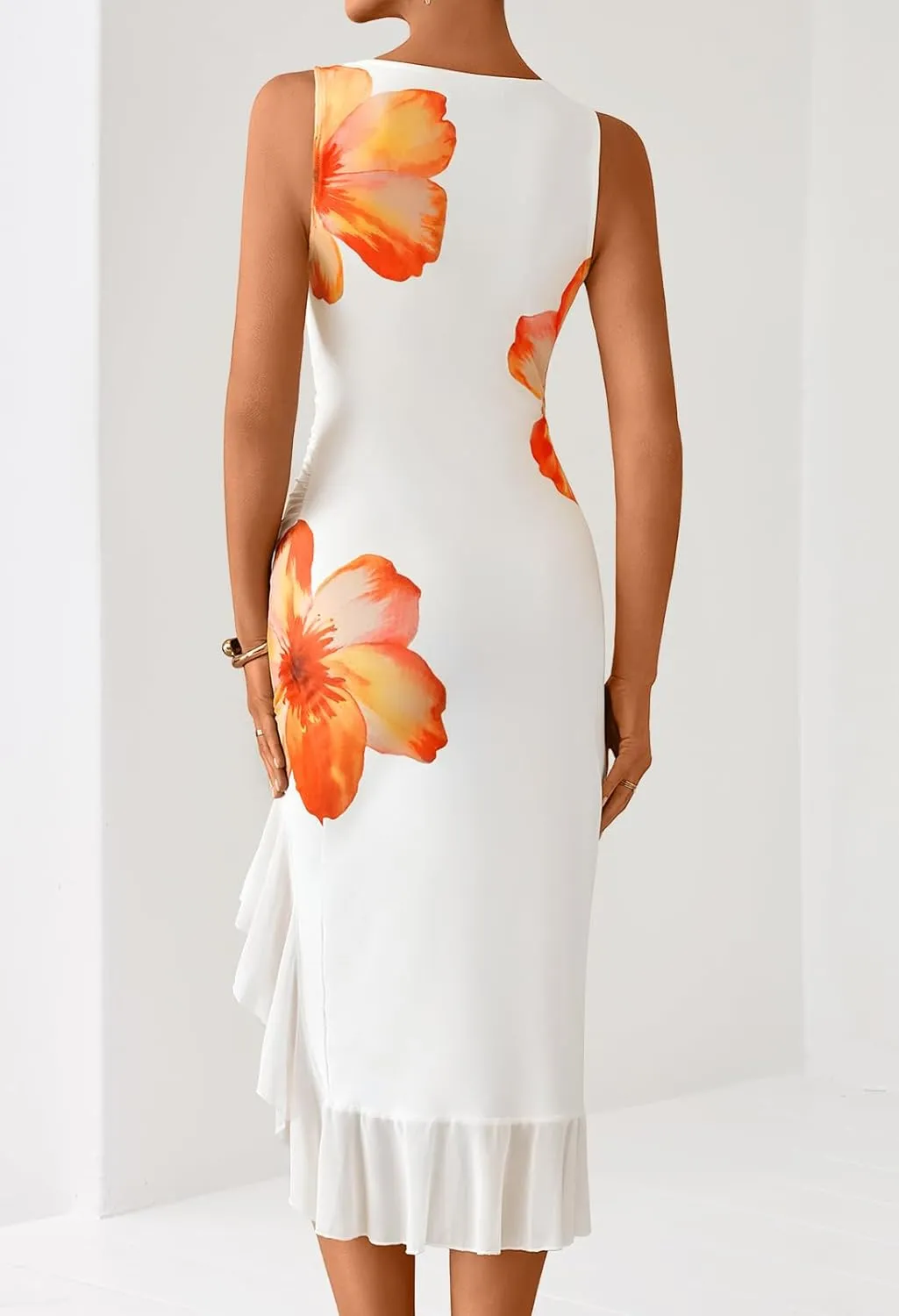 MEROKEETY Women's Summer Floral Bodycon Dress Square Neck Sleeveless Ruffle Hem Cocktail Mesh Midi Dress