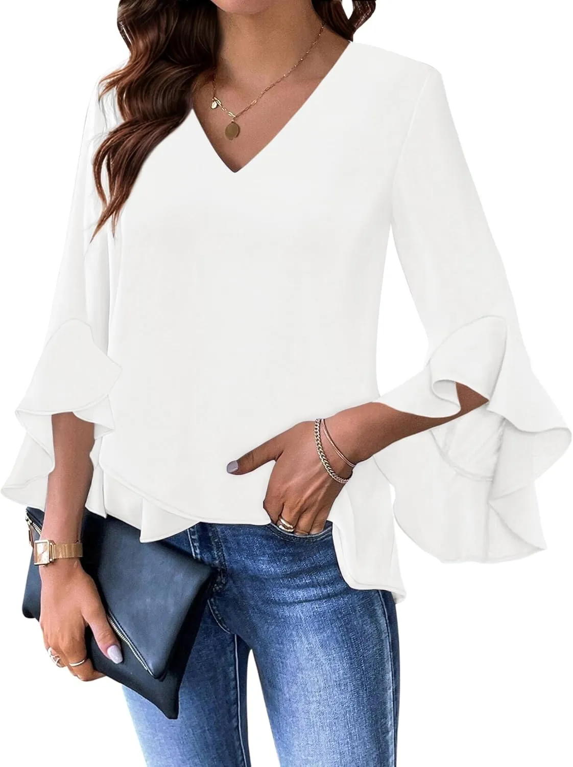Relipop Womens Blouse Ruffle 3/4 Sleeve Tops V Neck Business Casual Blouses Shirts Spring Summer Outfits 2025