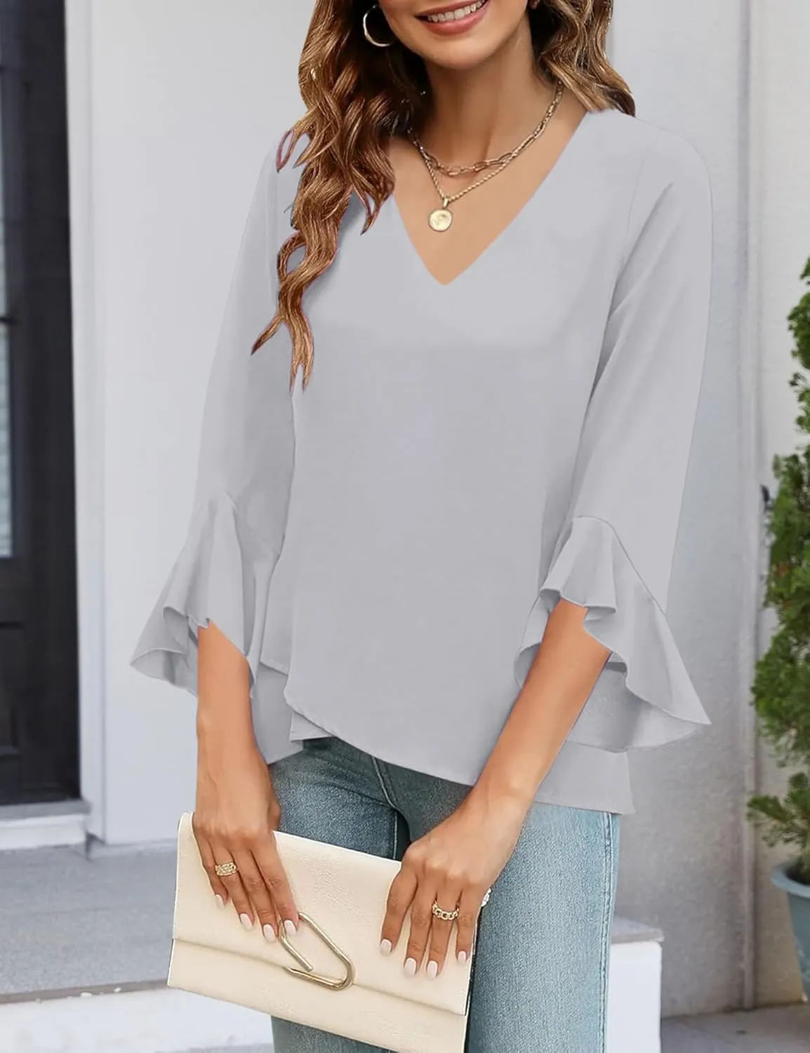 Relipop Womens Blouse Ruffle 3/4 Sleeve Tops V Neck Business Casual Blouses Shirts Spring Summer Outfits 2025