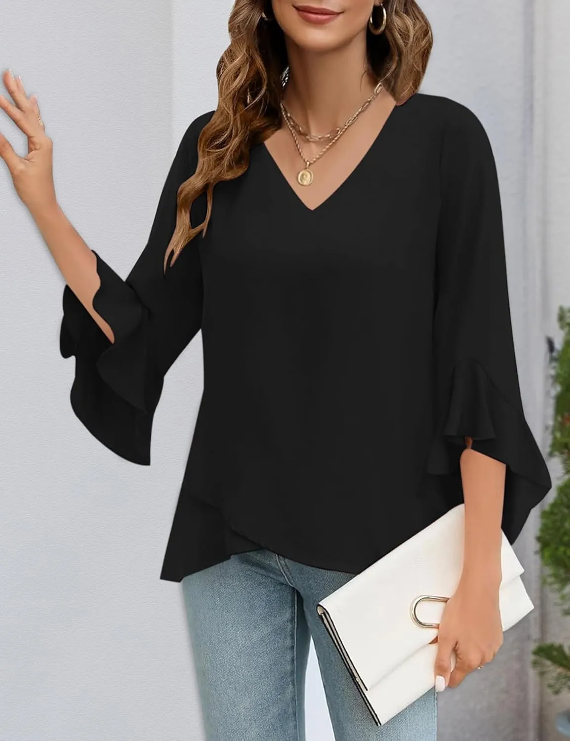 Relipop Womens Blouse Ruffle 3/4 Sleeve Tops V Neck Business Casual Blouses Shirts Spring Summer Outfits 2025