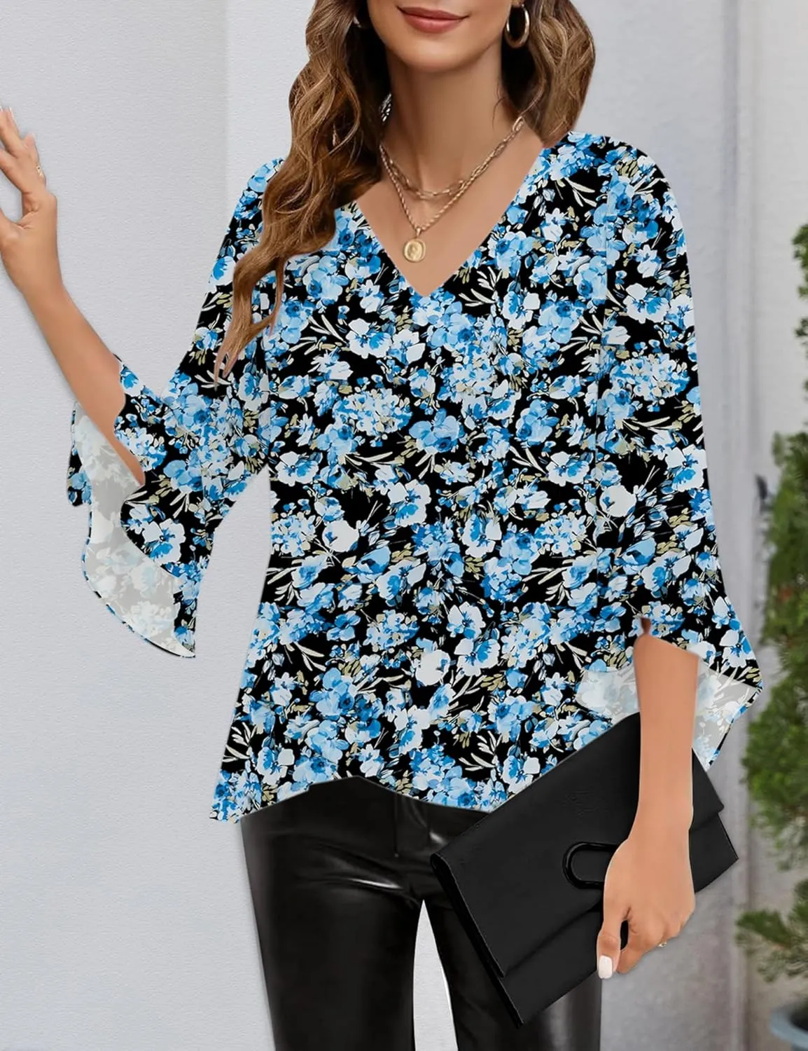 Relipop Womens Blouse Ruffle 3/4 Sleeve Tops V Neck Business Casual Blouses Shirts Spring Summer Outfits 2025