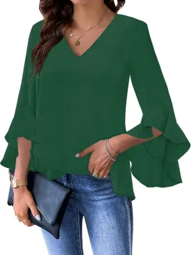 Relipop Womens Blouse Ruffle 3/4 Sleeve Tops V Neck Business Casual Blouses Shirts Spring Summer Outfits 2025