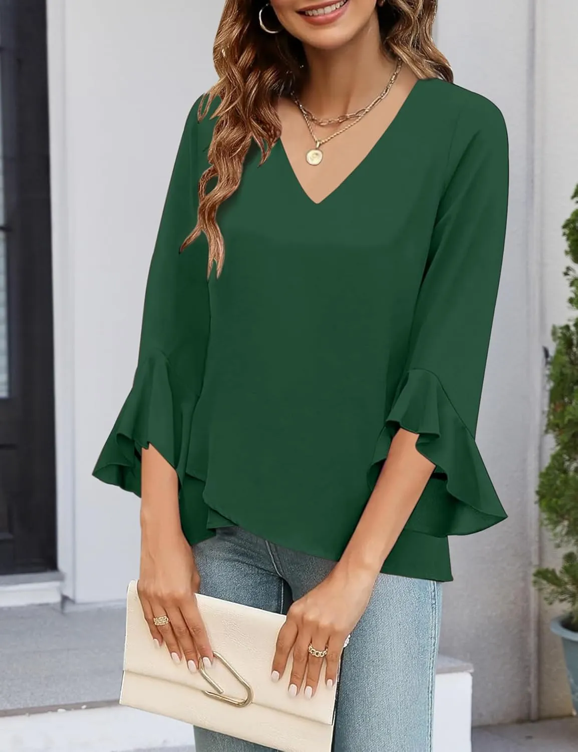 Relipop Womens Blouse Ruffle 3/4 Sleeve Tops V Neck Business Casual Blouses Shirts Spring Summer Outfits 2025