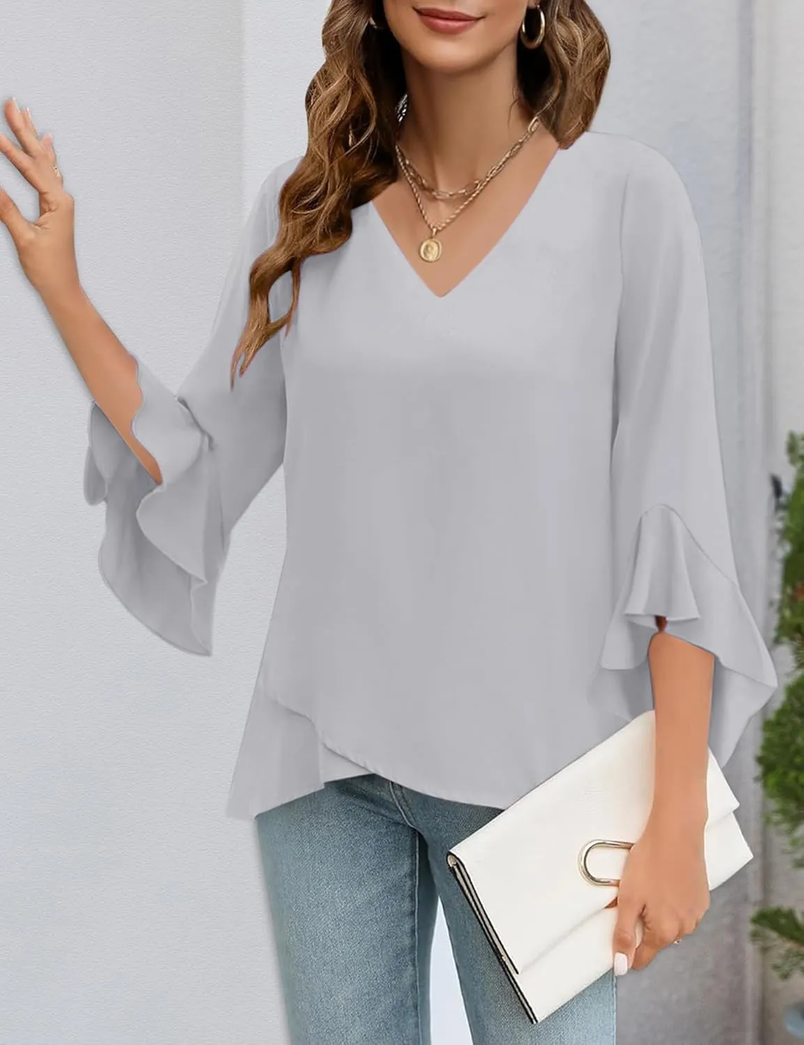 Relipop Womens Blouse Ruffle 3/4 Sleeve Tops V Neck Business Casual Blouses Shirts Spring Summer Outfits 2025