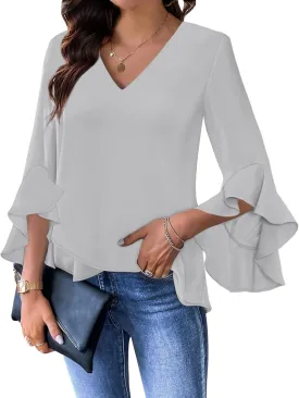 Relipop Womens Blouse Ruffle 3/4 Sleeve Tops V Neck Business Casual Blouses Shirts Spring Summer Outfits 2025