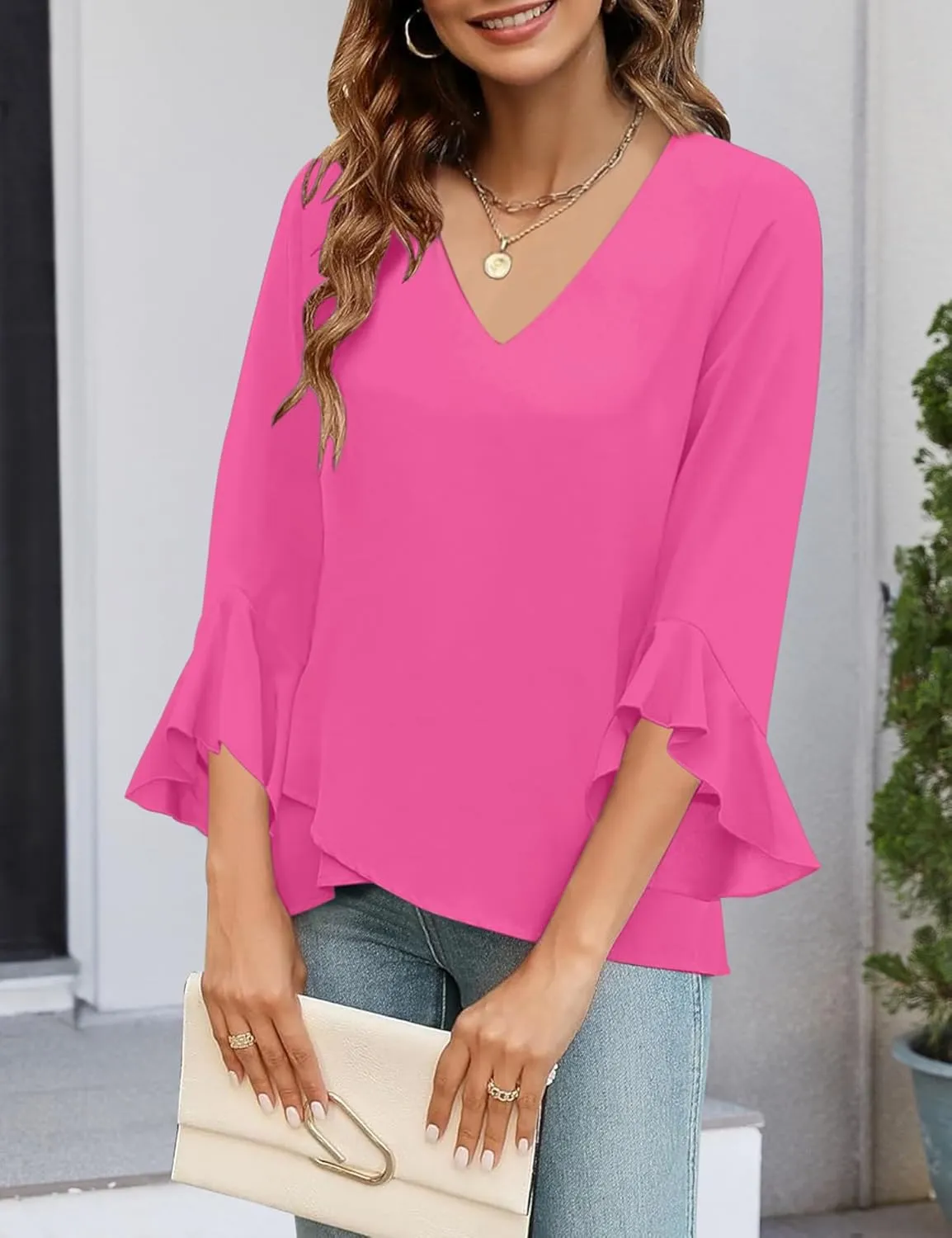 Relipop Womens Blouse Ruffle 3/4 Sleeve Tops V Neck Business Casual Blouses Shirts Spring Summer Outfits 2025