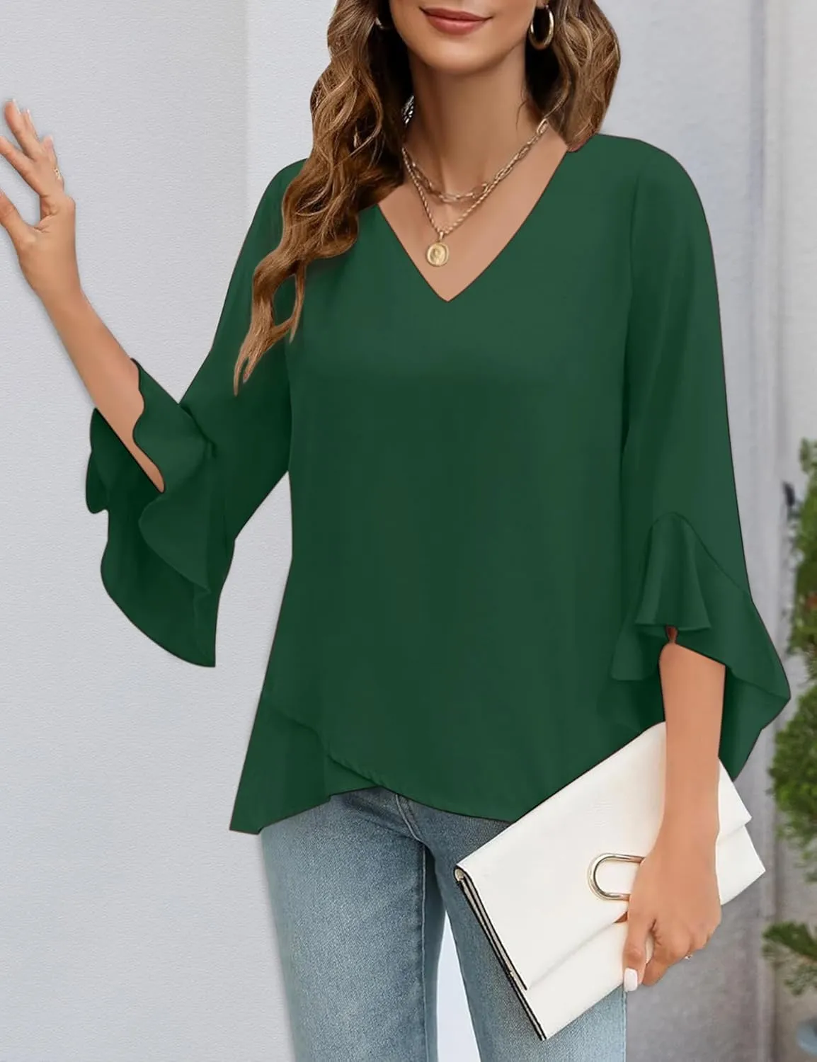 Relipop Womens Blouse Ruffle 3/4 Sleeve Tops V Neck Business Casual Blouses Shirts Spring Summer Outfits 2025