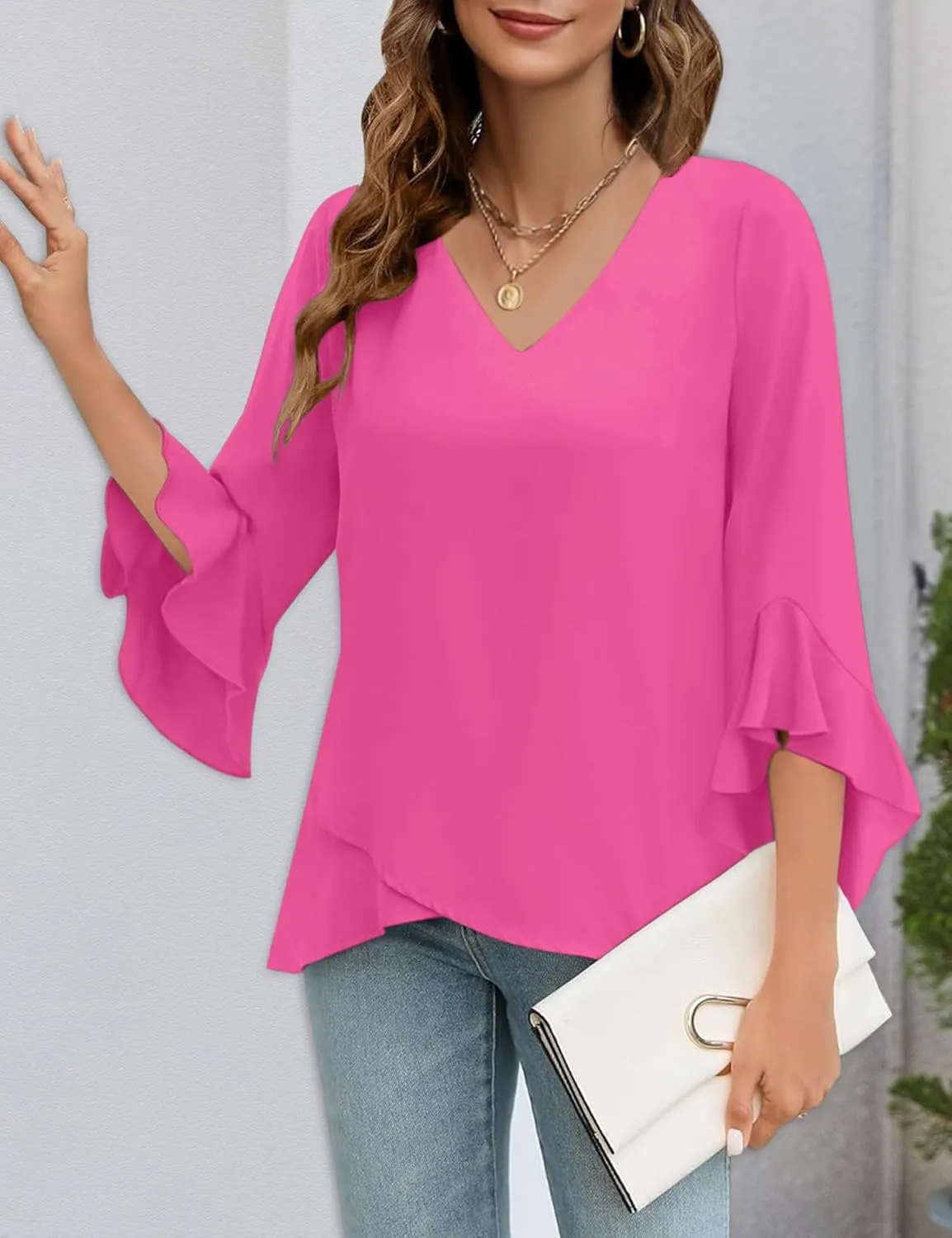 Relipop Womens Blouse Ruffle 3/4 Sleeve Tops V Neck Business Casual Blouses Shirts Spring Summer Outfits 2025