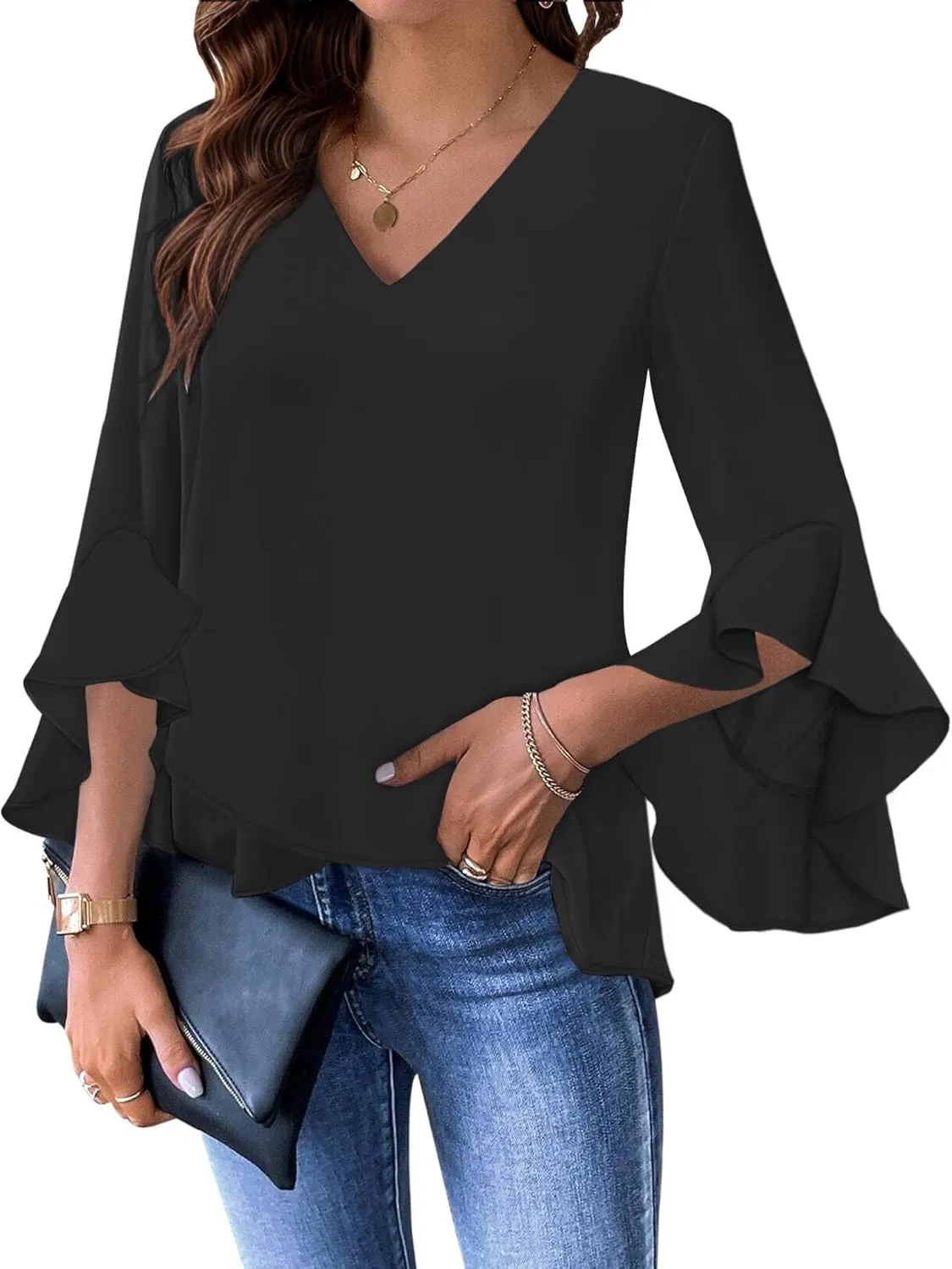 Relipop Womens Blouse Ruffle 3/4 Sleeve Tops V Neck Business Casual Blouses Shirts Spring Summer Outfits 2025